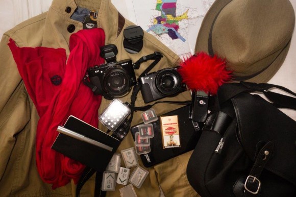 In Our Bag India: Kumbh Mela Map, 2 x Sony RX1, Zoom H1 Recorder, Notebook, Coat, Scarf, Hat, Portable LED Light, Spare Batteries, High Powered Energizer Battery Charger, SD Cards, & Gold Flakes Cigarettes.
